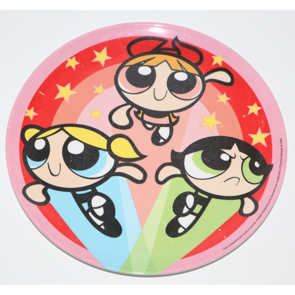 Vintage 1999 Powerpuff Girls Melamine Plate 8 Inch Cartoon Network Trio